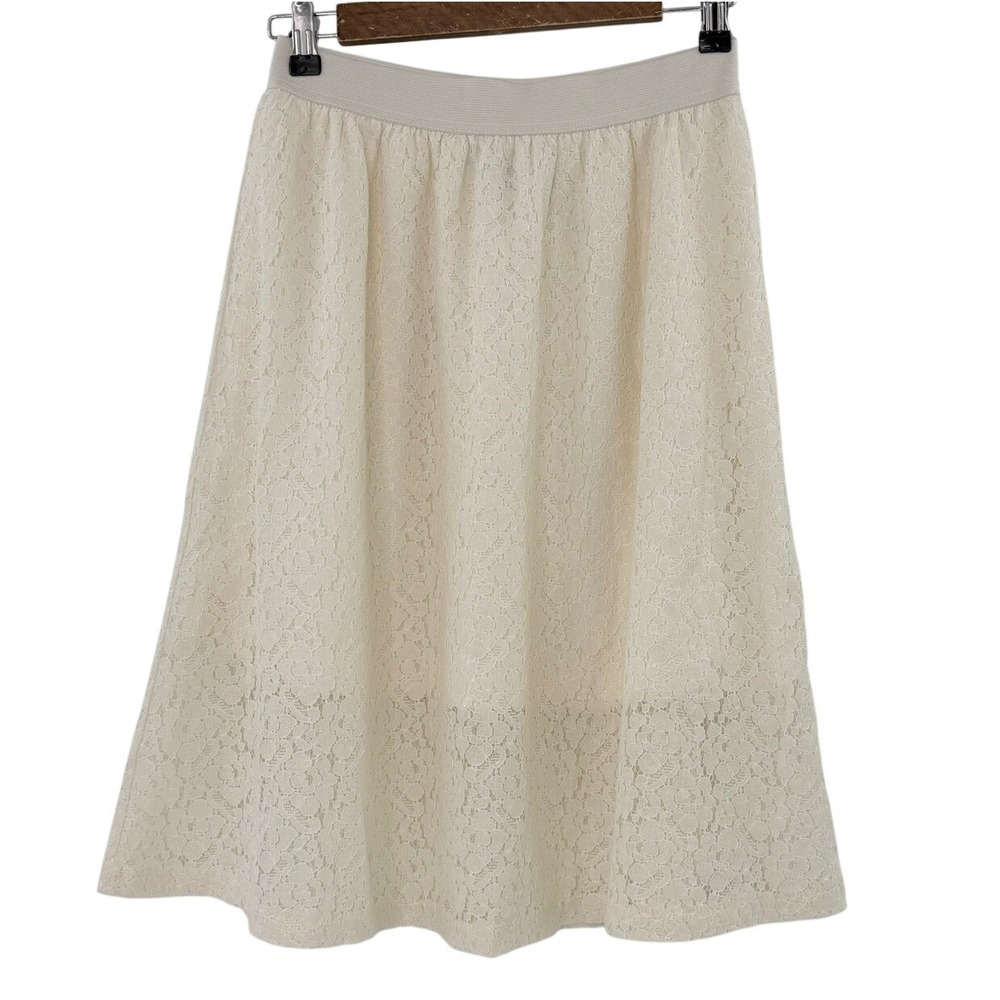 NWT HM Womens Cream Floral Lace A-Line Midi Skirt Elastic Waist Off-White Size 6